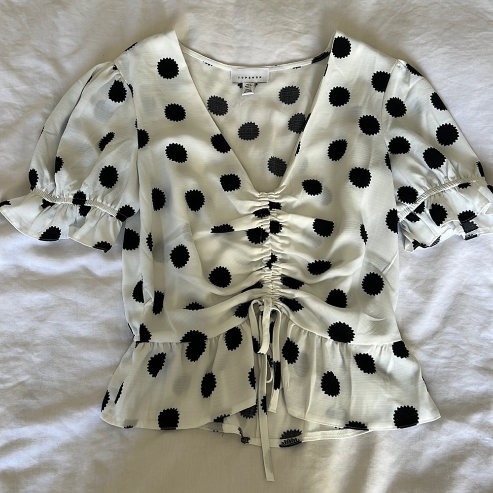 Topshop white and black dot ruffle sleeve shirt